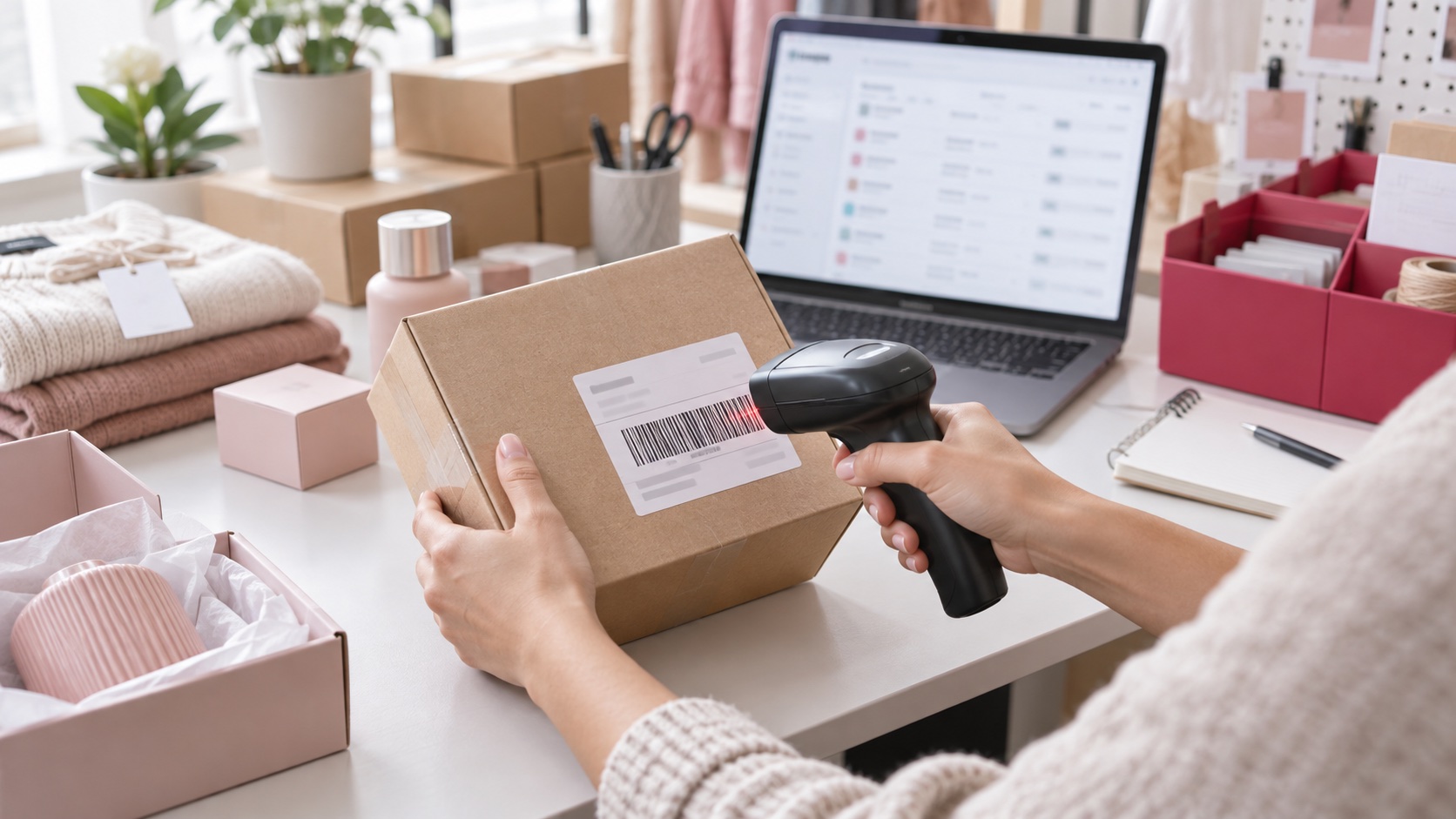 Kontrola i skanowanie paczki przy stanowisku obsługi zamówień e-commerce